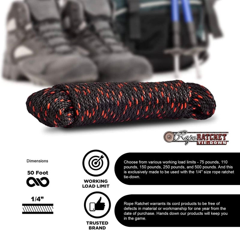 Rope Ratchet حبل راتشيت 1/14" 50 قدم حبل بولي بروبيلين مضفر، مقاوم للطقس داخلي وخارجي للحدائق، مشاريع DIY، تأمين الأحمال، الربط، ربط العقد، استخدام الأقمشة، سعة 150 رطل - أسود/أحمر - Image 3